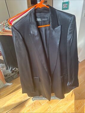 Zara Black Satin Blazer with Peak Lapels